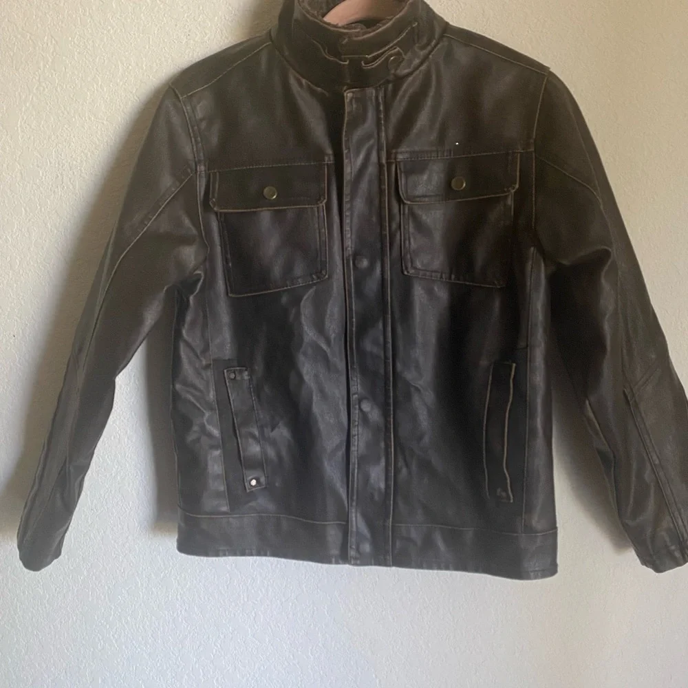 Hawke & Co Boys Brown Faux Leather Sherpa Collar Bomber Biker Moto Jacket 10/12